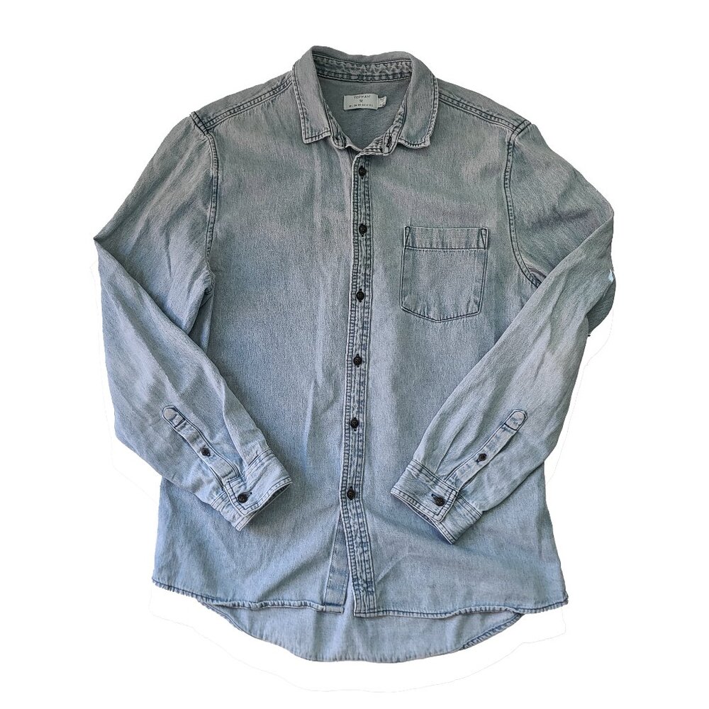 Men's Topman Denim Blue Jean Long Sleeve Button Down Shirt - Large